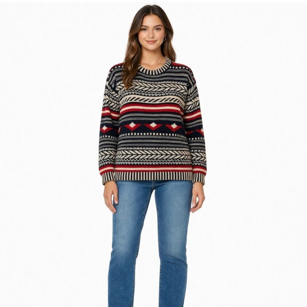 Womens Size Large Nordic Scandinavian Pullover Crew Neck Sweater Red White Blue
